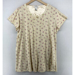 TRUE COLORS Nightgown 1X Ditsy Floral Textured PJ Pintuck Short Sleeve Beige